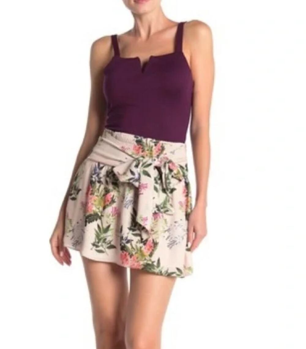 PARKER beige green pink floral smocked stretch tie waist portofino mini skirt